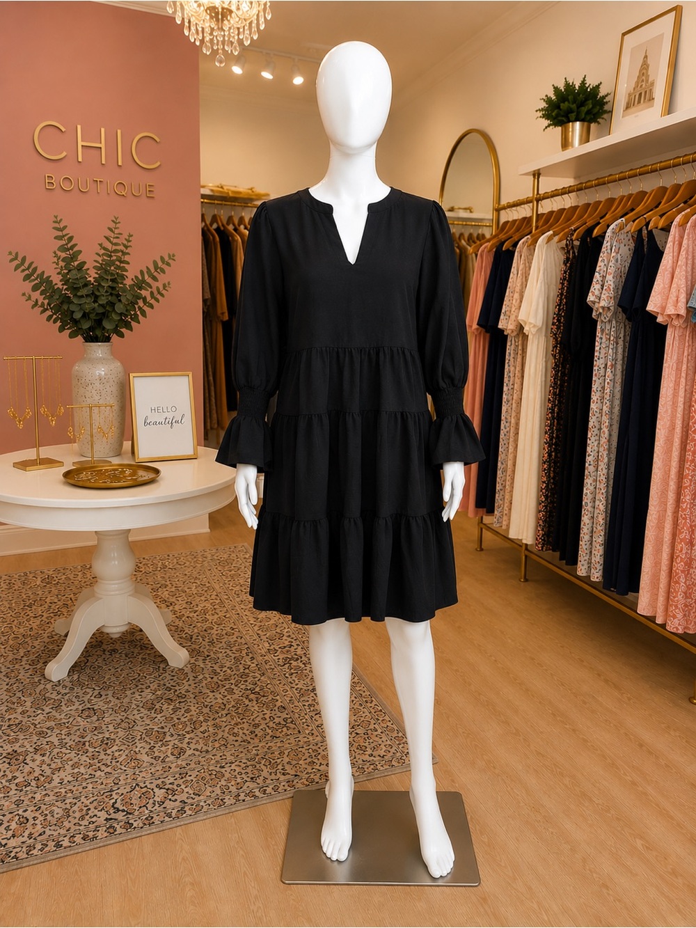Black Tiered Long Sleeve Notch-Neck Dress